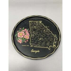 Vintage Toleway Serving Tray Georgia Cherokee Rose Black Gold Color With Flowers